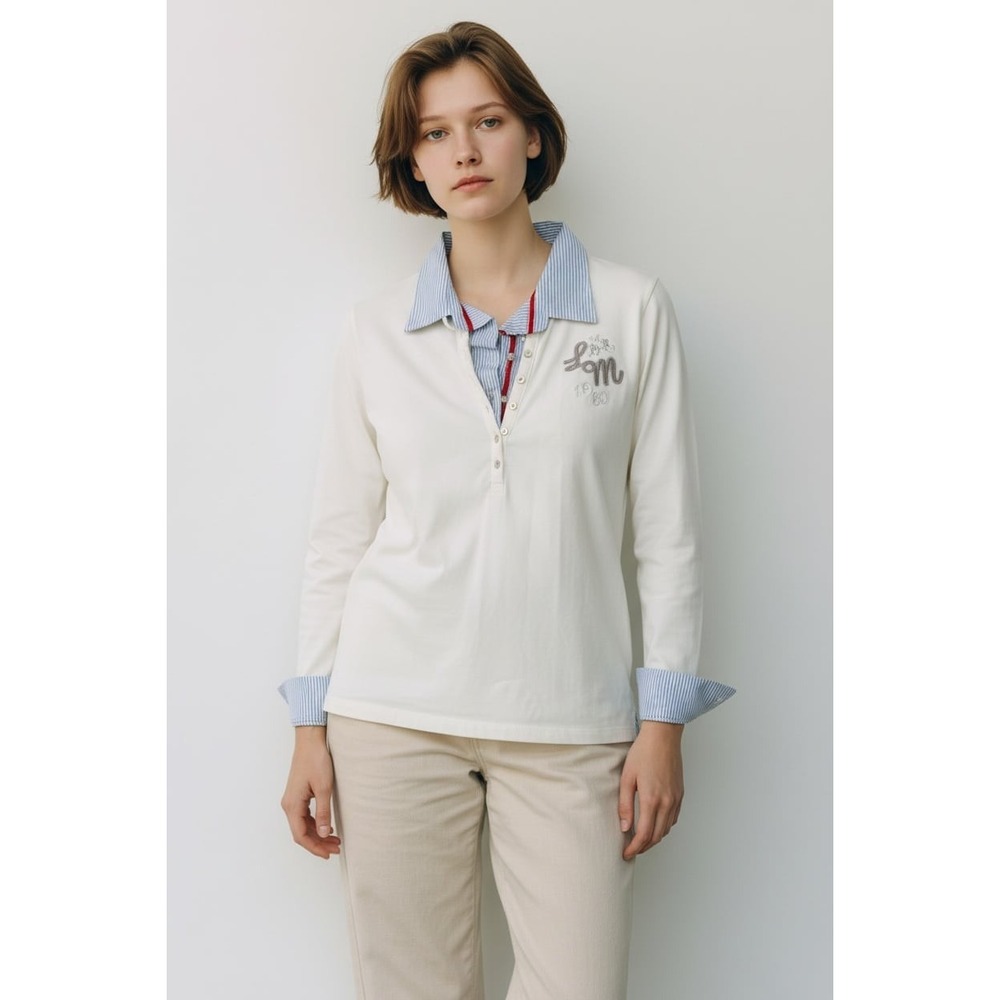 La Martina Women's White Long Sleeve Polo Shirt with Striped Faux-Layer Collar.